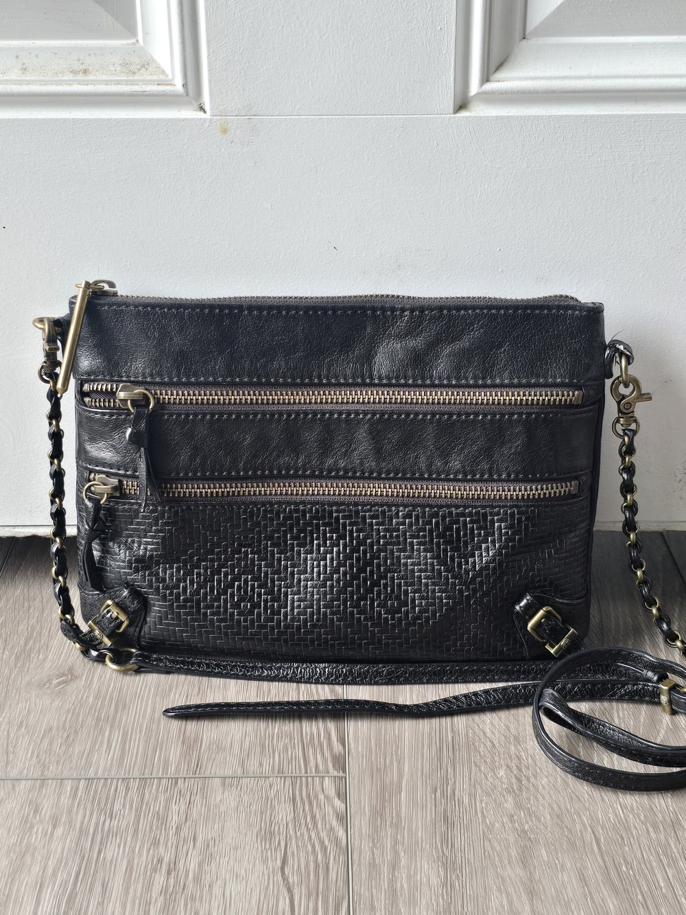 Elliott Lucca Black Genuine Leather Crossbody Woven Emboss Double Zip Chain